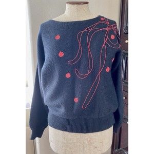 Vintage Lilly of California Black Pullover Sweater Red Embroidery